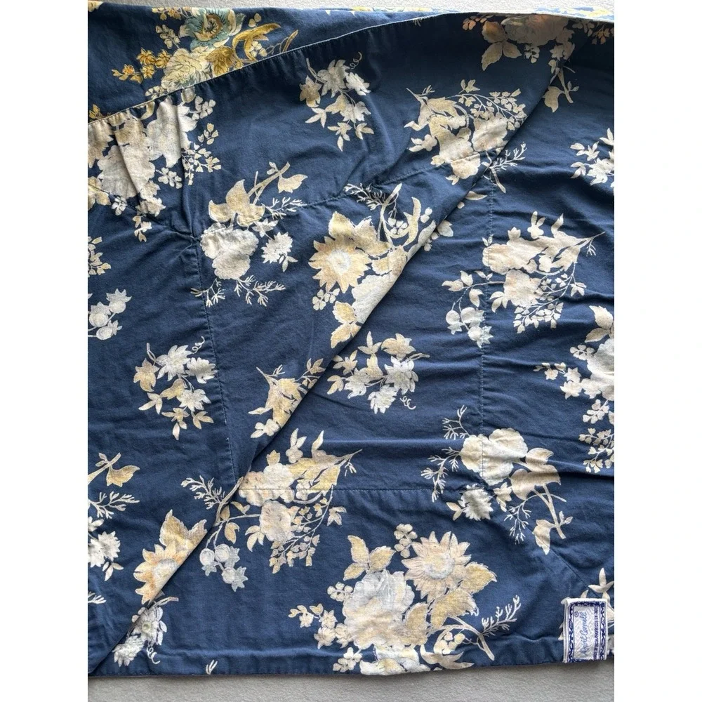 Vtg April Cornell Floral Tablecloth Navy Gold Cream 100% Cotton 48
